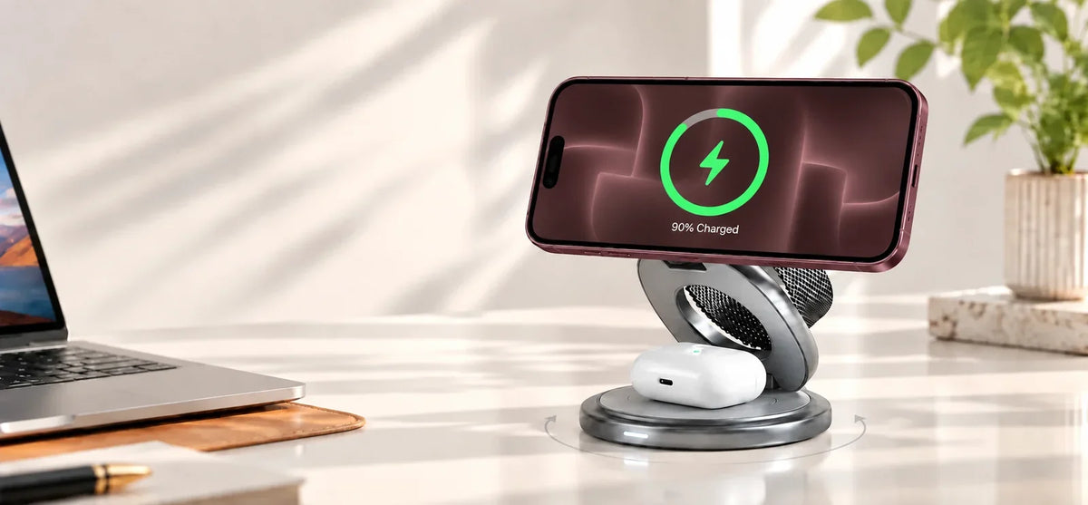 Orange phone charging horizontally on a gray rotating stand beside a laptop.
