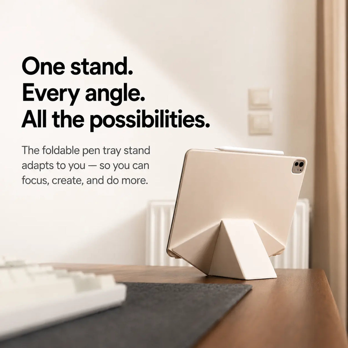 Arctic White folding magnetic tablet stand on a raised desk support #color_Arctic White