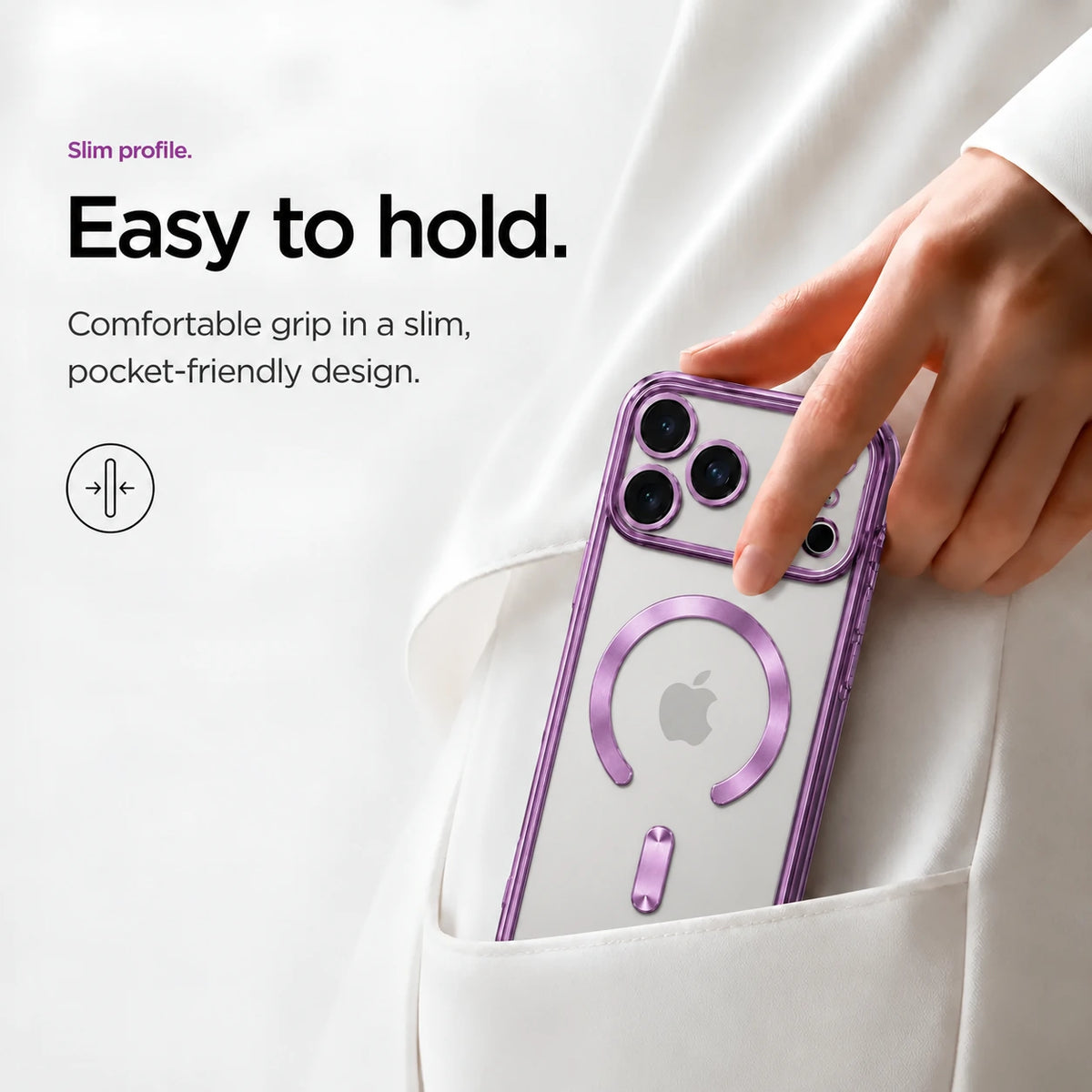 Lavender slim phone case being placed in a white clothing pocket #color_Lavender