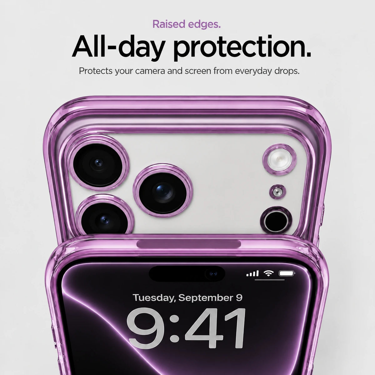 Lavender tinted phone case in close-up showing raised camera and screen edges #color_Lavender
