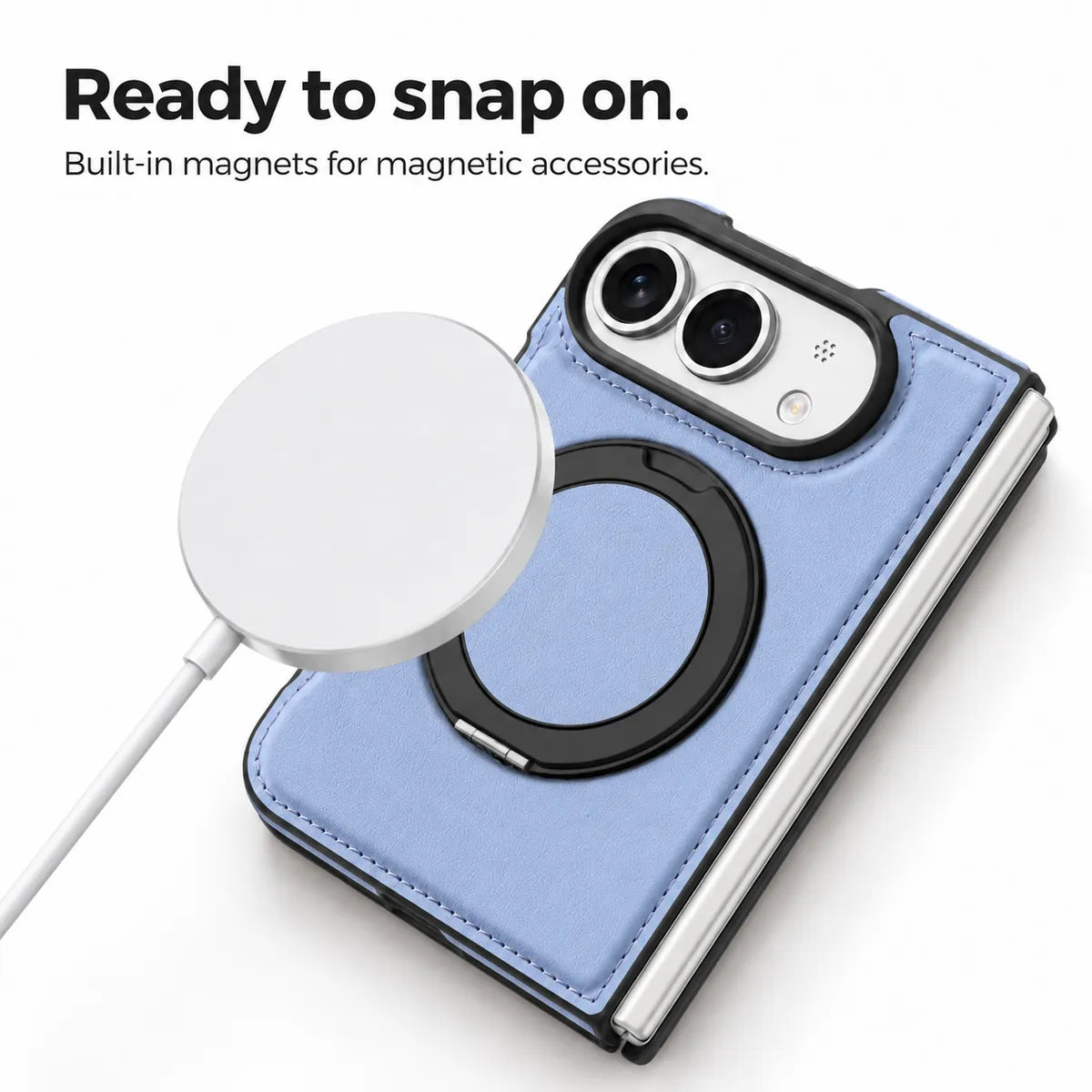 Textured synthetic leather phone case with a magnetic accessory beside the built-in ring. #color_Glacier