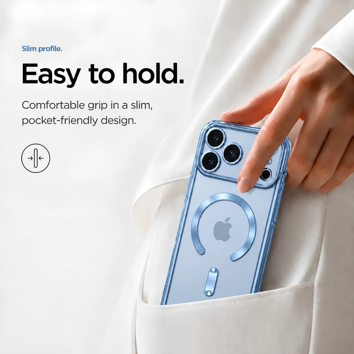 Glacier slim phone case being placed in a white clothing pocket #color_Glacier