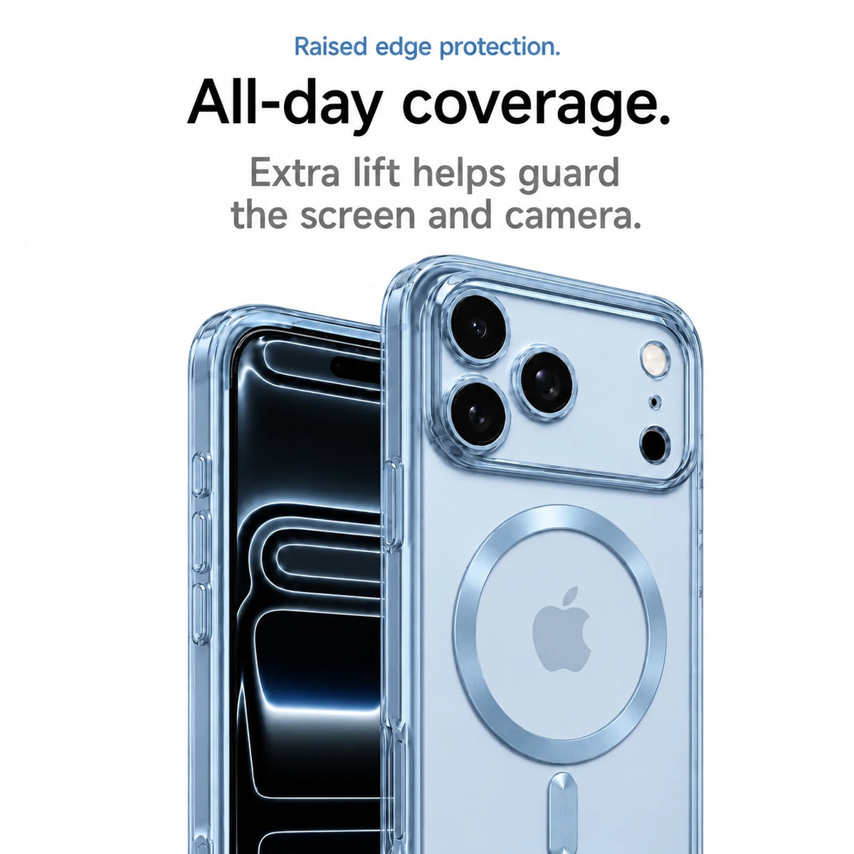 Glacier tinted phone case showing the front screen and raised rear camera surround #color_Glacier