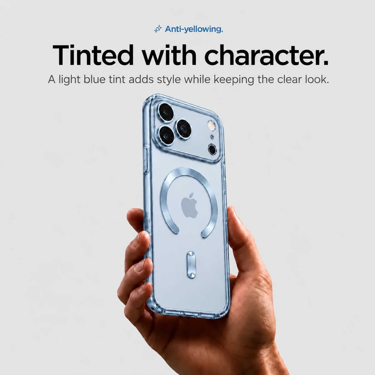 Glacier tinted magnetic phone case held upright in one hand #color_Glacier