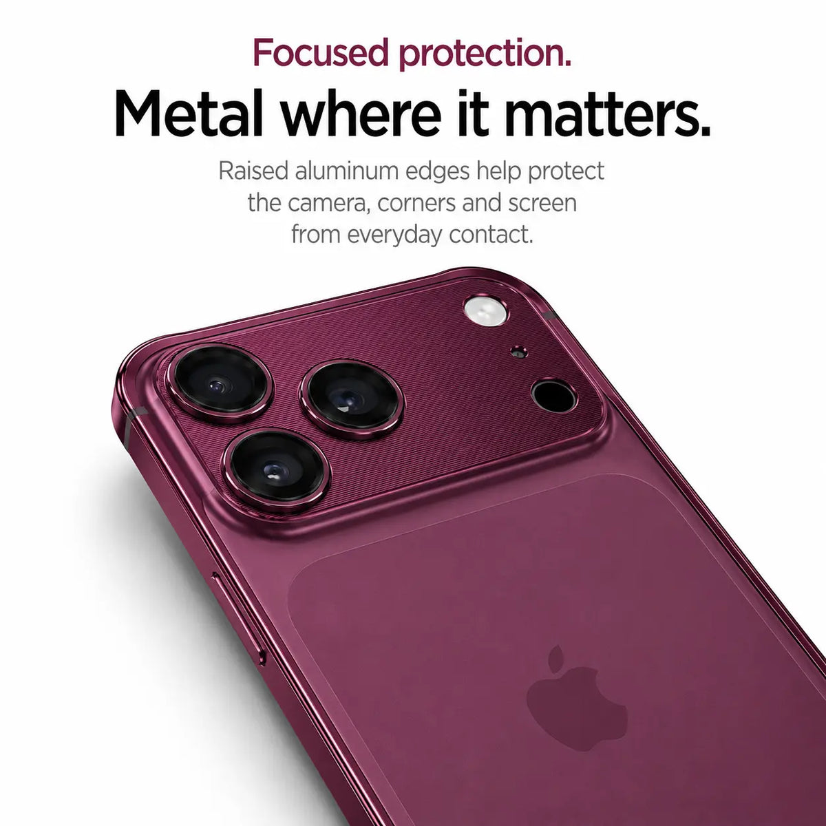 Burgundy aluminum bumper phone case showing raised camera and corner protection #color_Burgundy