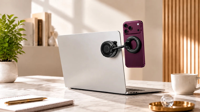MagCase Metal in matching Burgundy with a magnetic laptop phone mount