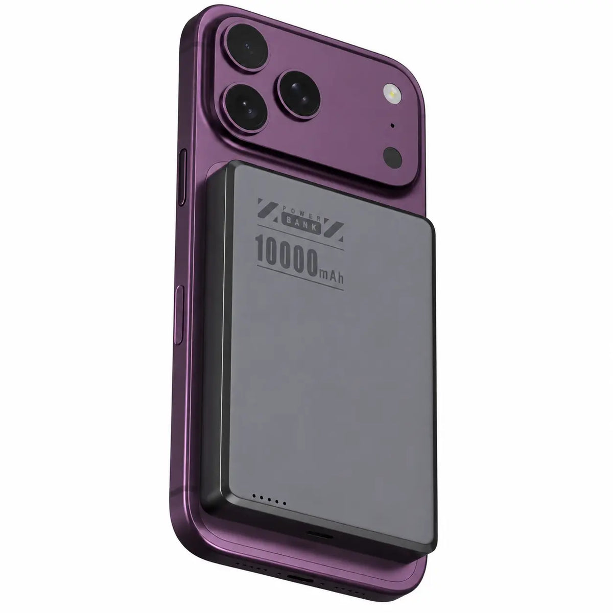 Midnight Black slim magnetic power bank on a Burgundy phone with a larger battery. #color_Midnight Black