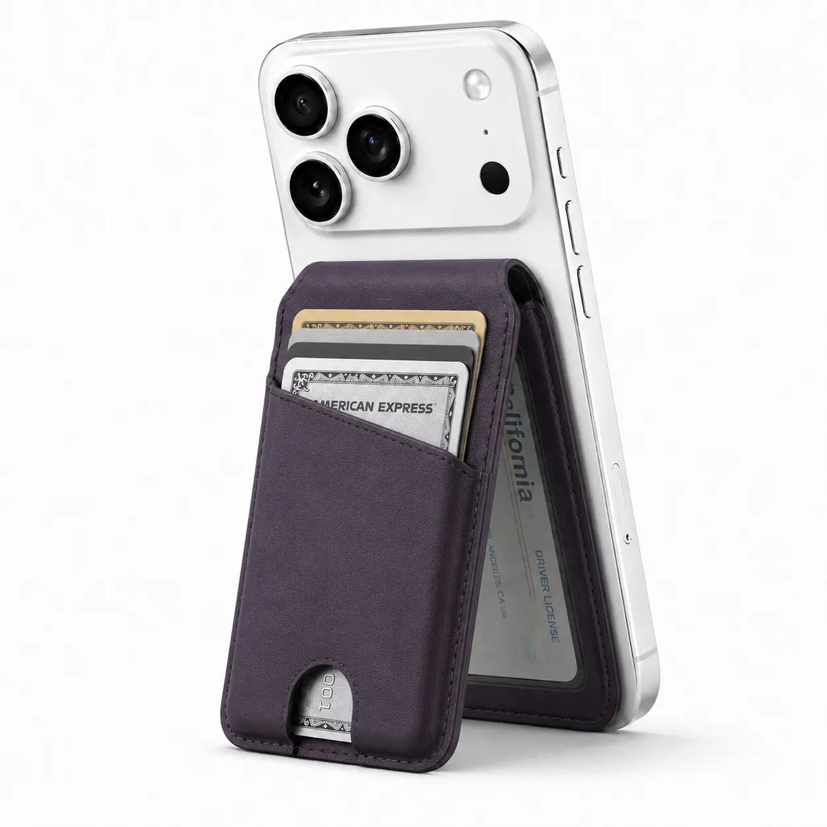 Lavender folding magnetic wallet supporting a Burgundy iPhone as a stand. #color_Lavender