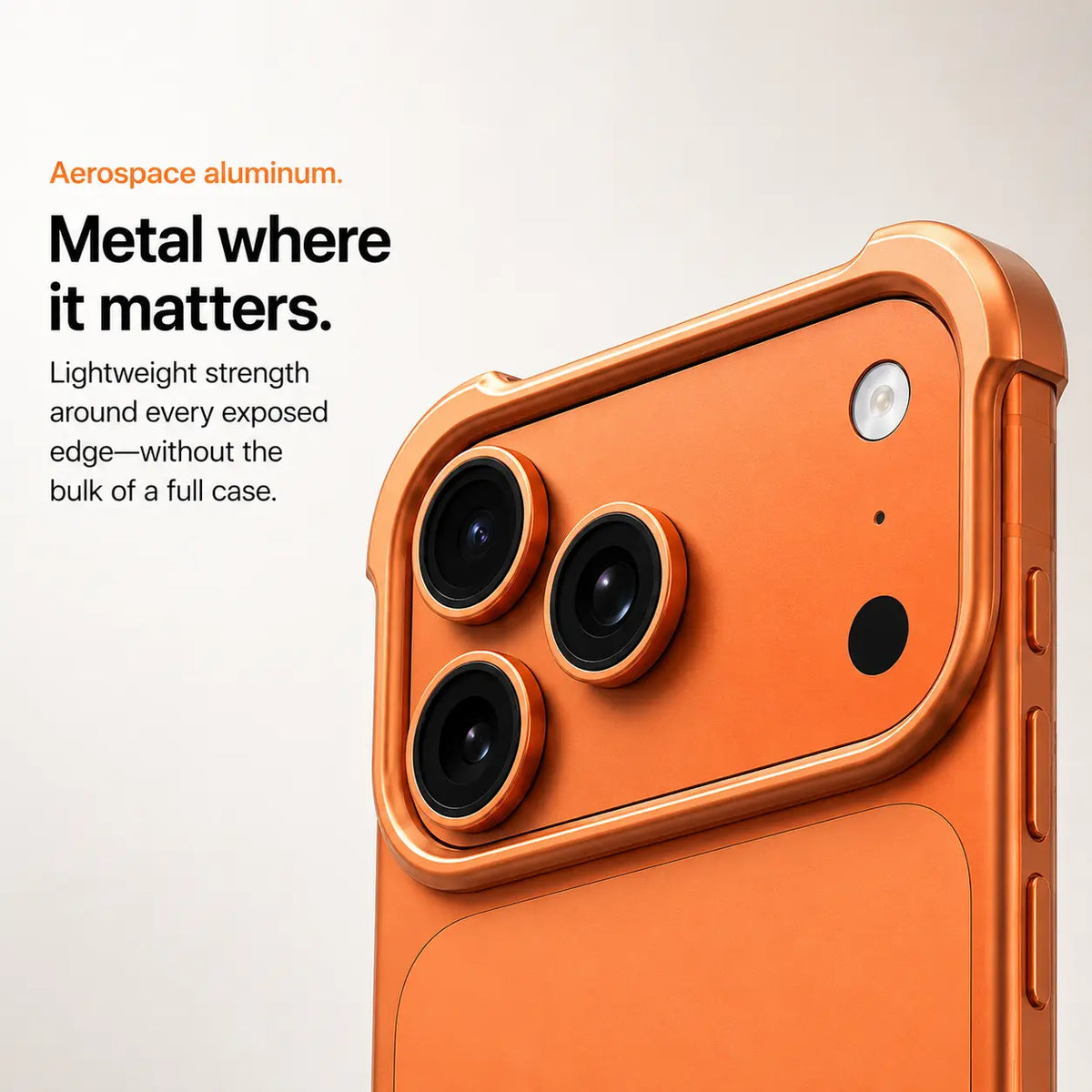 Orange bumper phone case in a close-up of its camera edge #color_Cosmic Orange