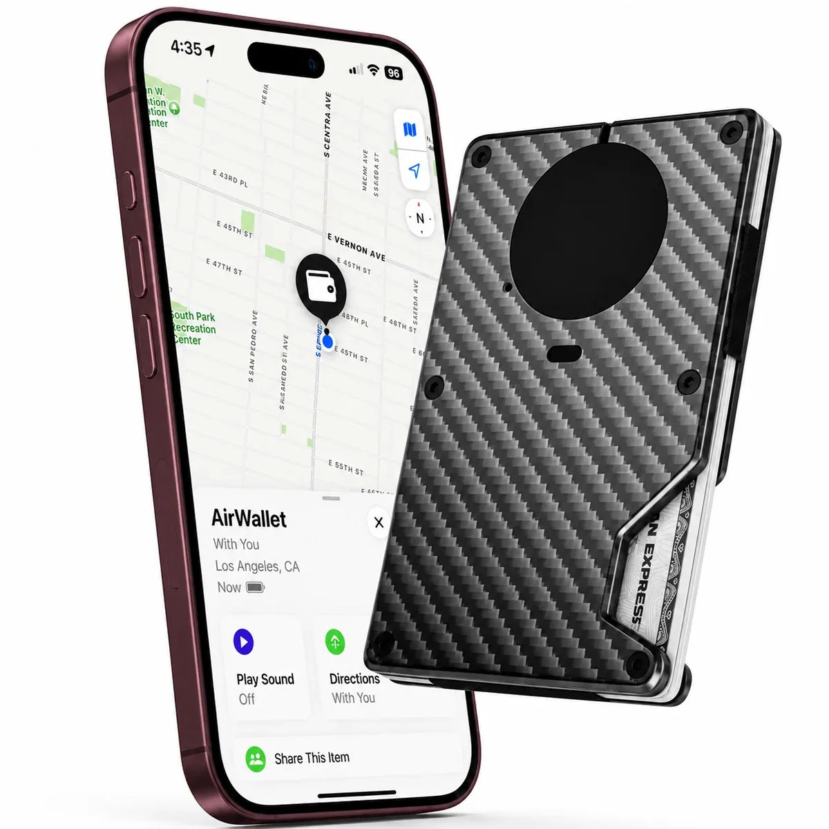 Carbon Weave tracker wallet beside a Burgundy iPhone showing the wallet location in Find My. #color_Carbon Weave