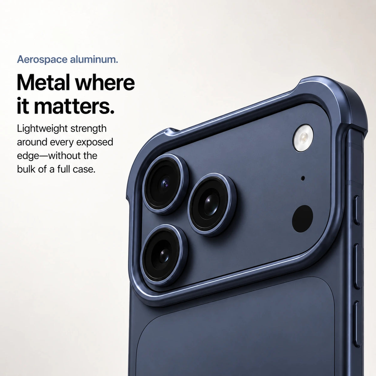Navy blue open metal bumper phone case with a close view of its raised camera perimeter #color_Deep Blue
