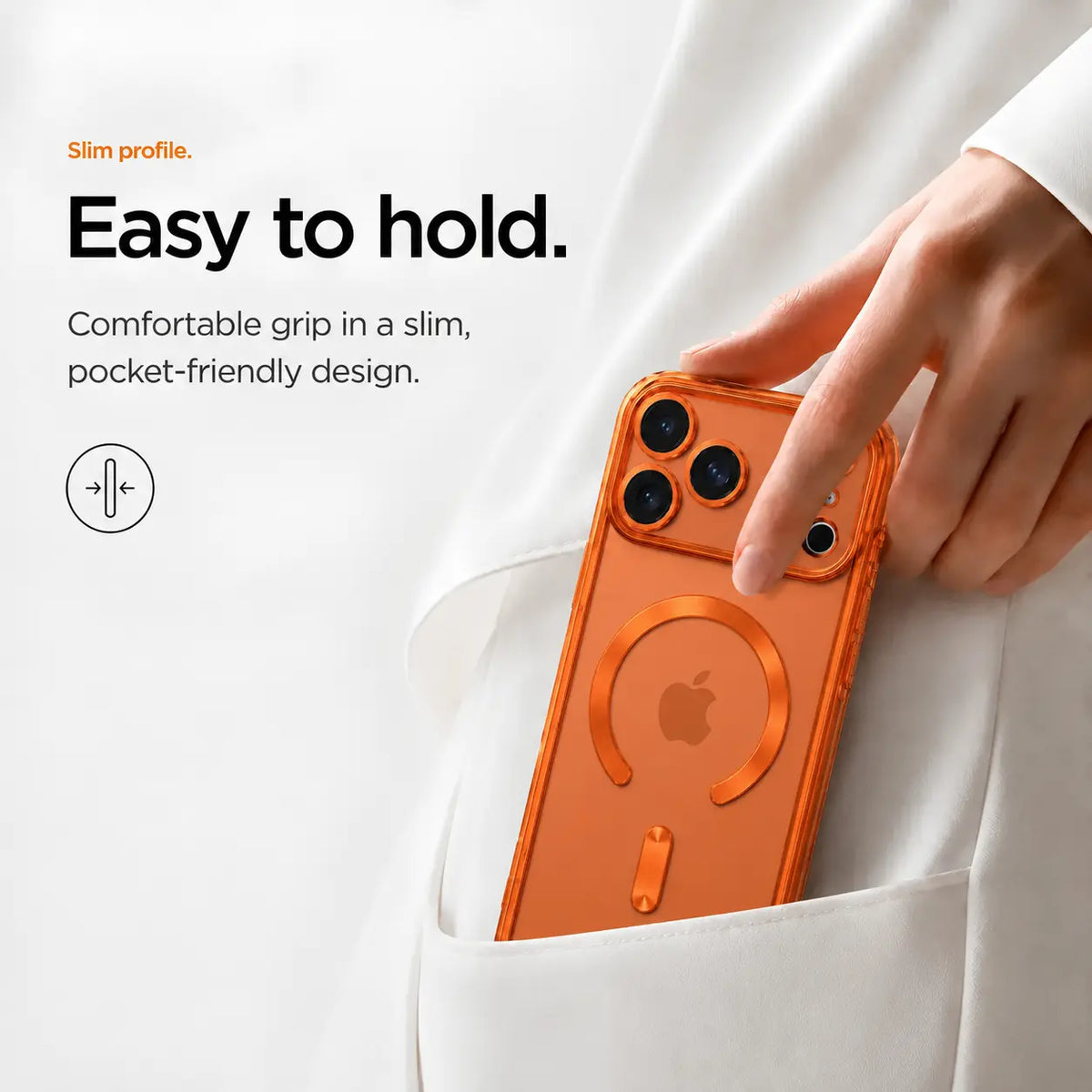 Orange slim phone case being placed in a white clothing pocket #color_Cosmic Orange