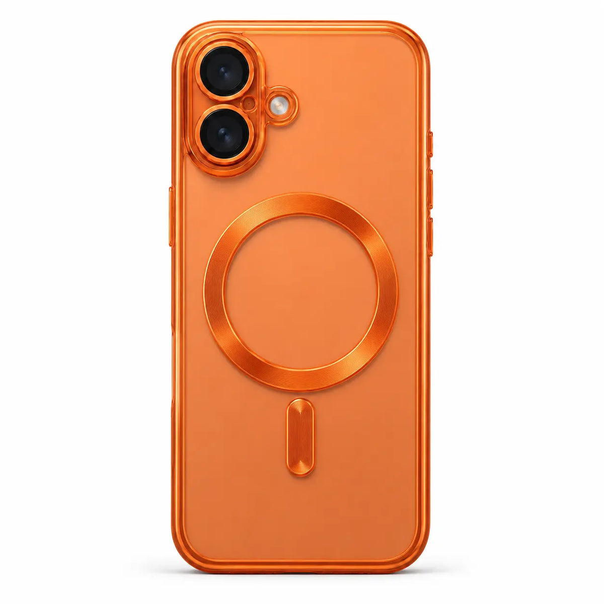 Orange tinted magnetic phone case with dual camera openings, shown from the back on white #color_Cosmic Orange