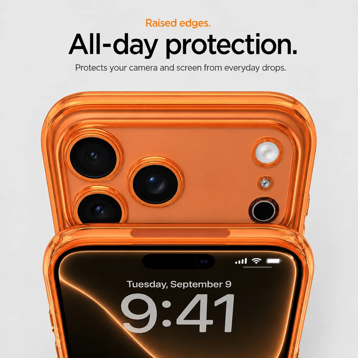 Orange tinted phone case in close-up showing raised camera and screen edges #color_Cosmic Orange