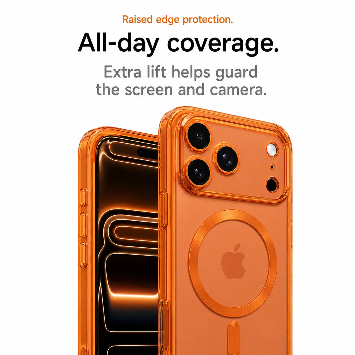 Orange tinted phone case showing the front screen and raised rear camera surround #color_Cosmic Orange