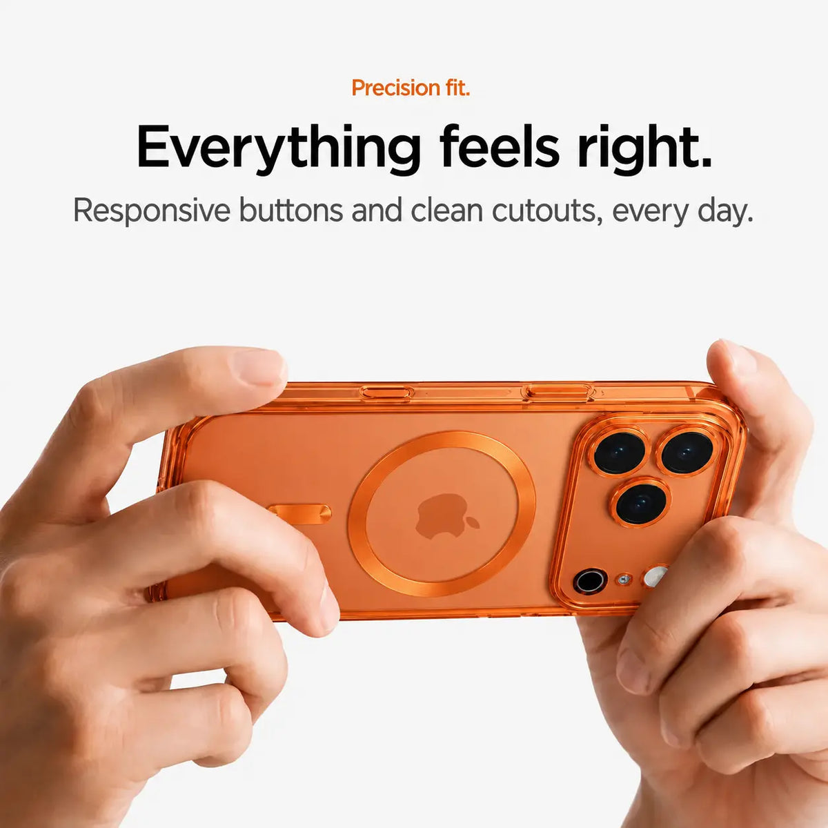 Orange tinted magnetic phone case held horizontally in two hands #color_Cosmic Orange