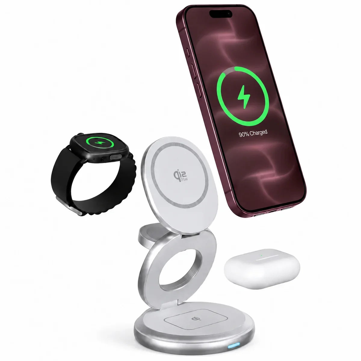 Arctic White rotating foldable wireless charger with Burgundy phone, watch and earbuds. #color_Arctic White