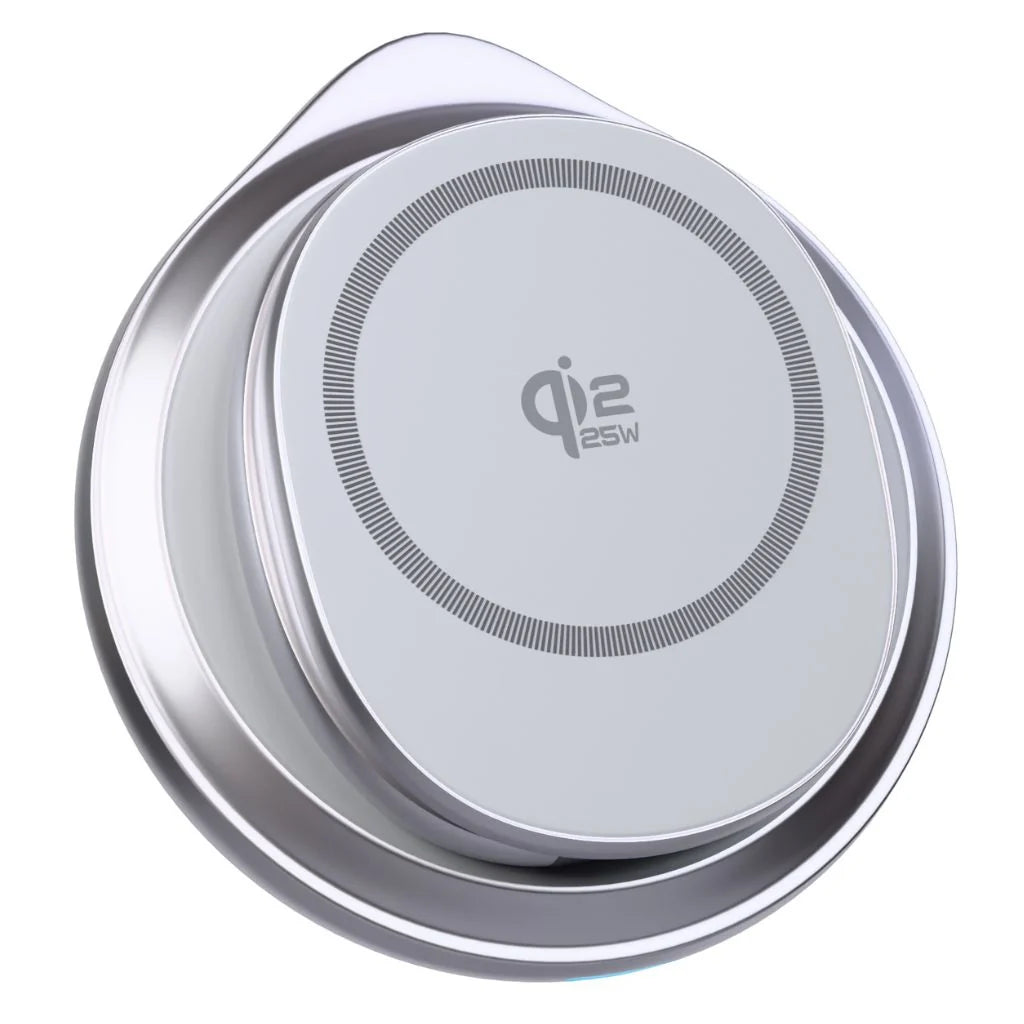 Arctic White rotating foldable wireless charger folded into a compact disc #color_Arctic White