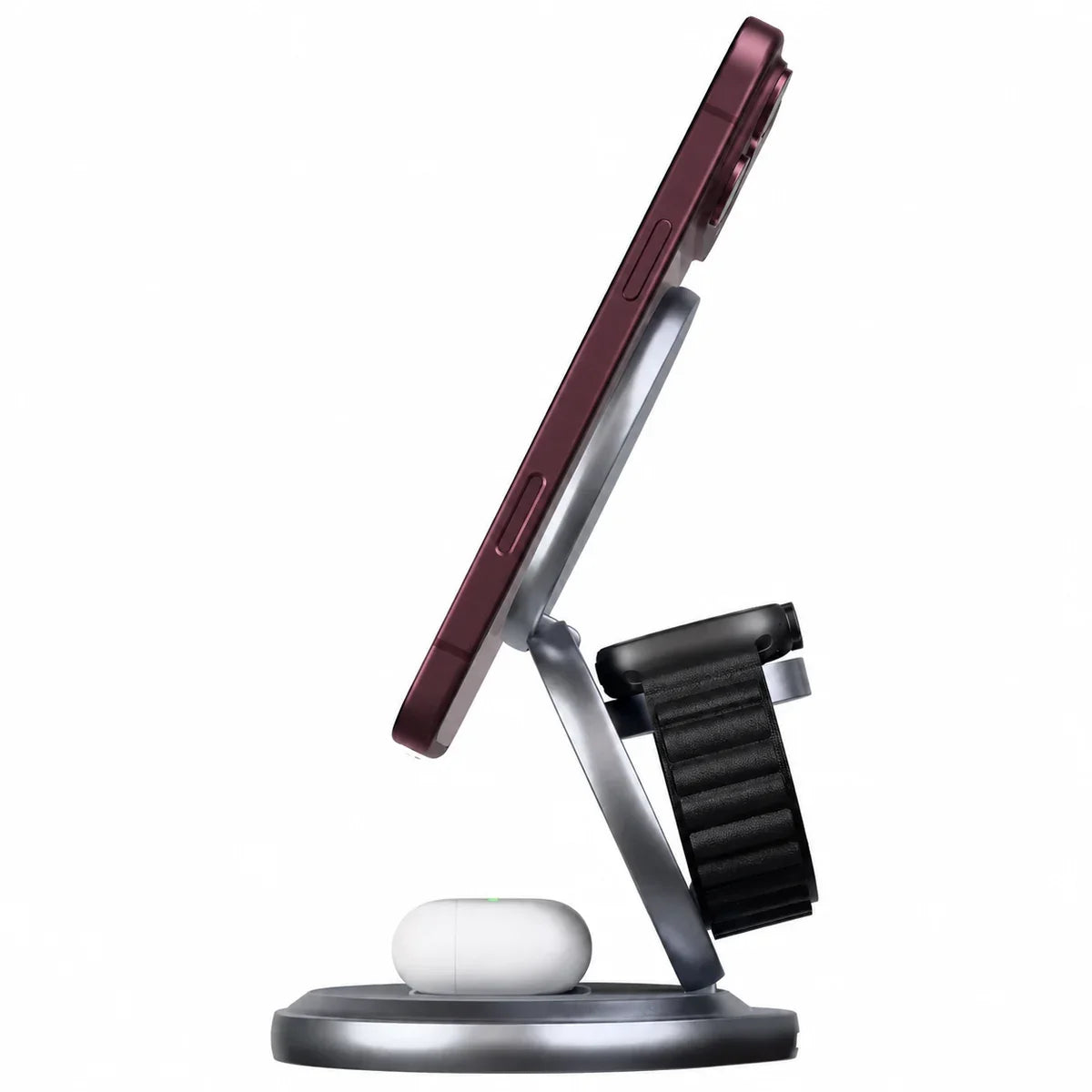 Titanium Gray rotating foldable wireless charger holding a Burgundy phone in side view. #color_Titanium Gray