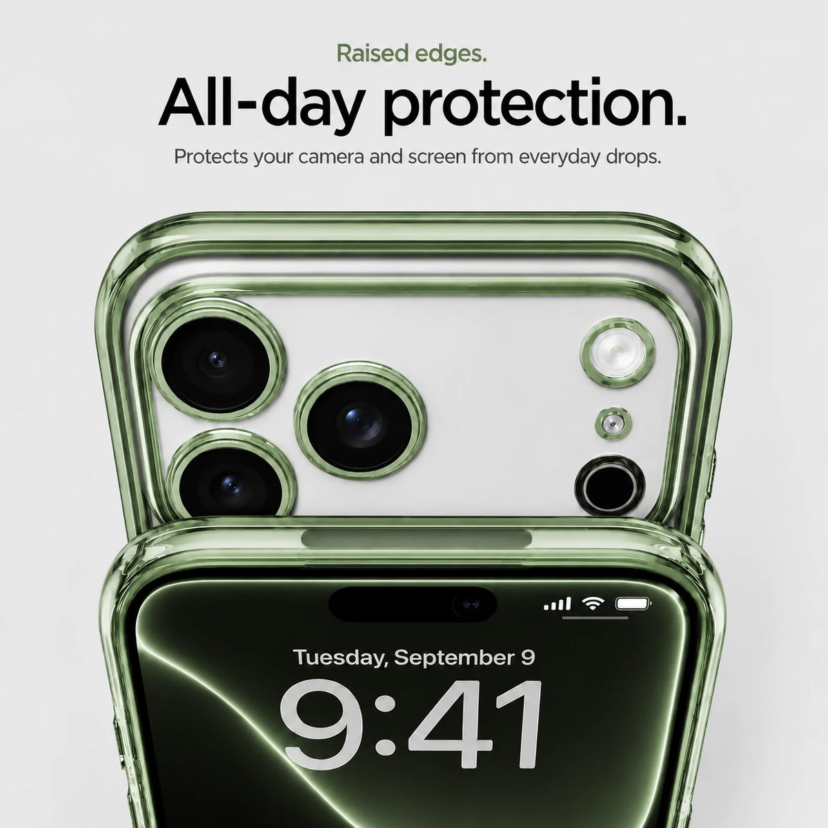 Sage green tinted phone case in close-up showing raised camera and screen edges #color_Sage Green