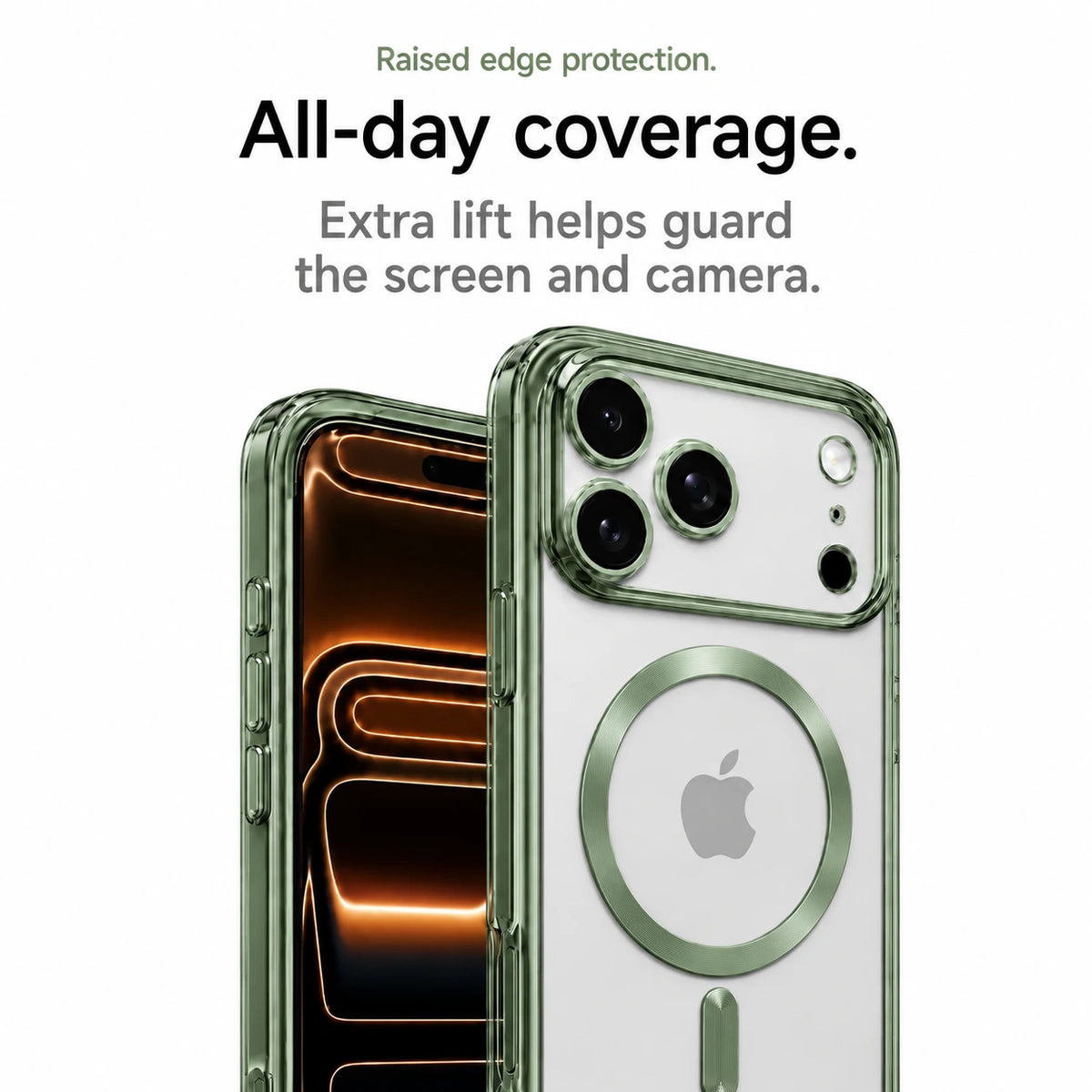 Sage green tinted phone case showing the front screen and raised rear camera surround #color_Sage Green