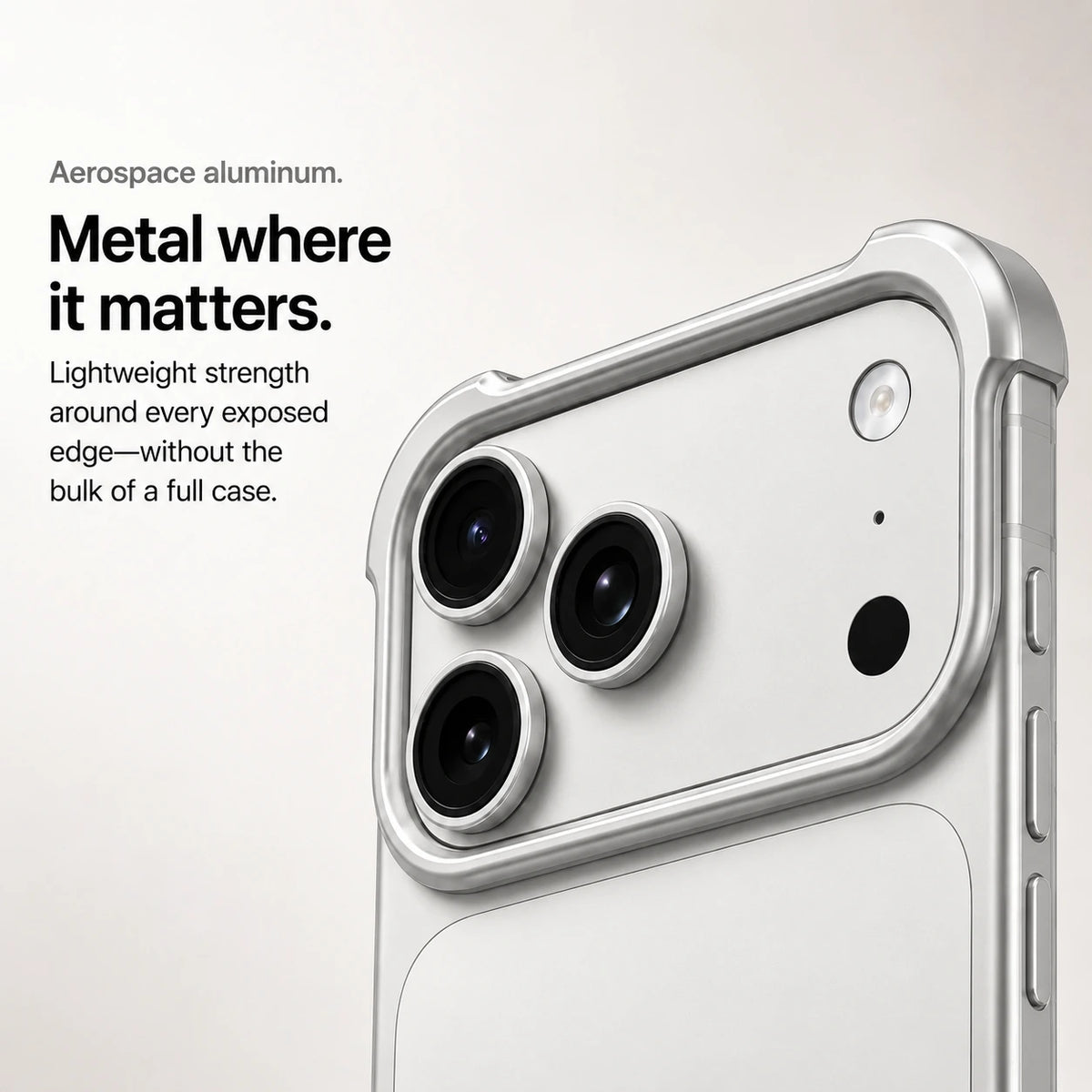 Silver open metal bumper phone case with a close view of its raised camera perimeter #color_Titanium Silver