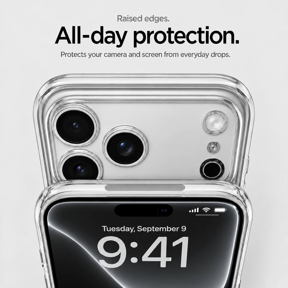 Silver tinted phone case in close-up showing raised camera and screen edges #color_Titanium Silver