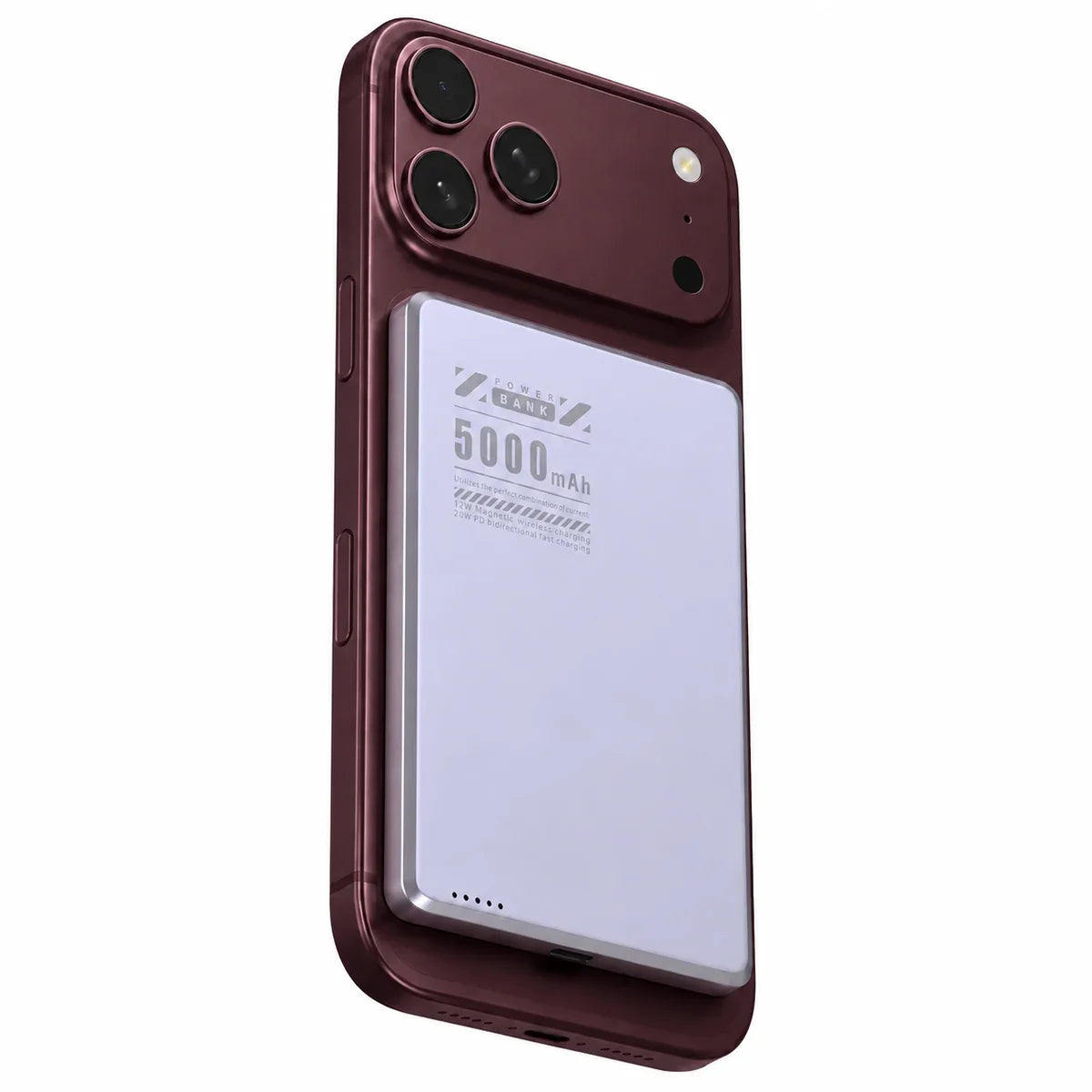 Lavender slim magnetic power bank on a Burgundy phone with a compact battery. #color_Lavender