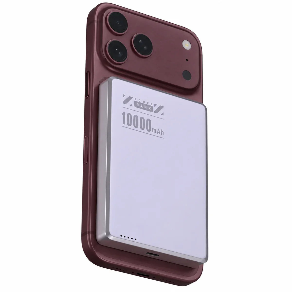 Lavender slim magnetic power bank on a Burgundy phone with a larger battery. #color_Lavender