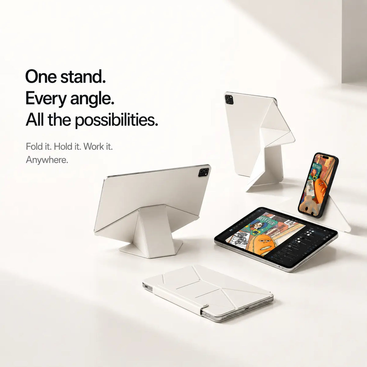 Arctic White folding magnetic tablet stand shown at multiple viewing angles #color_Arctic White