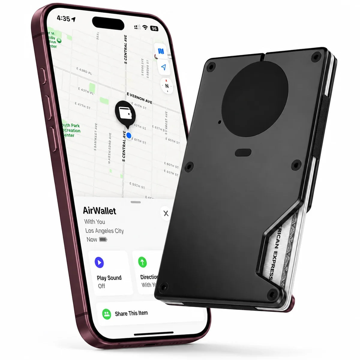 Obsidian Black tracker wallet beside a Burgundy iPhone showing the wallet location in Find My. #color_Obsidian Black