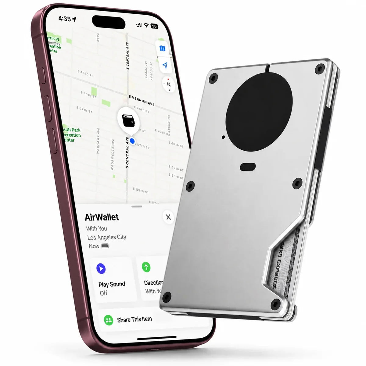 Titanium Silver tracker wallet beside a Burgundy iPhone showing the wallet location in Find My. #color_Titanium Silver