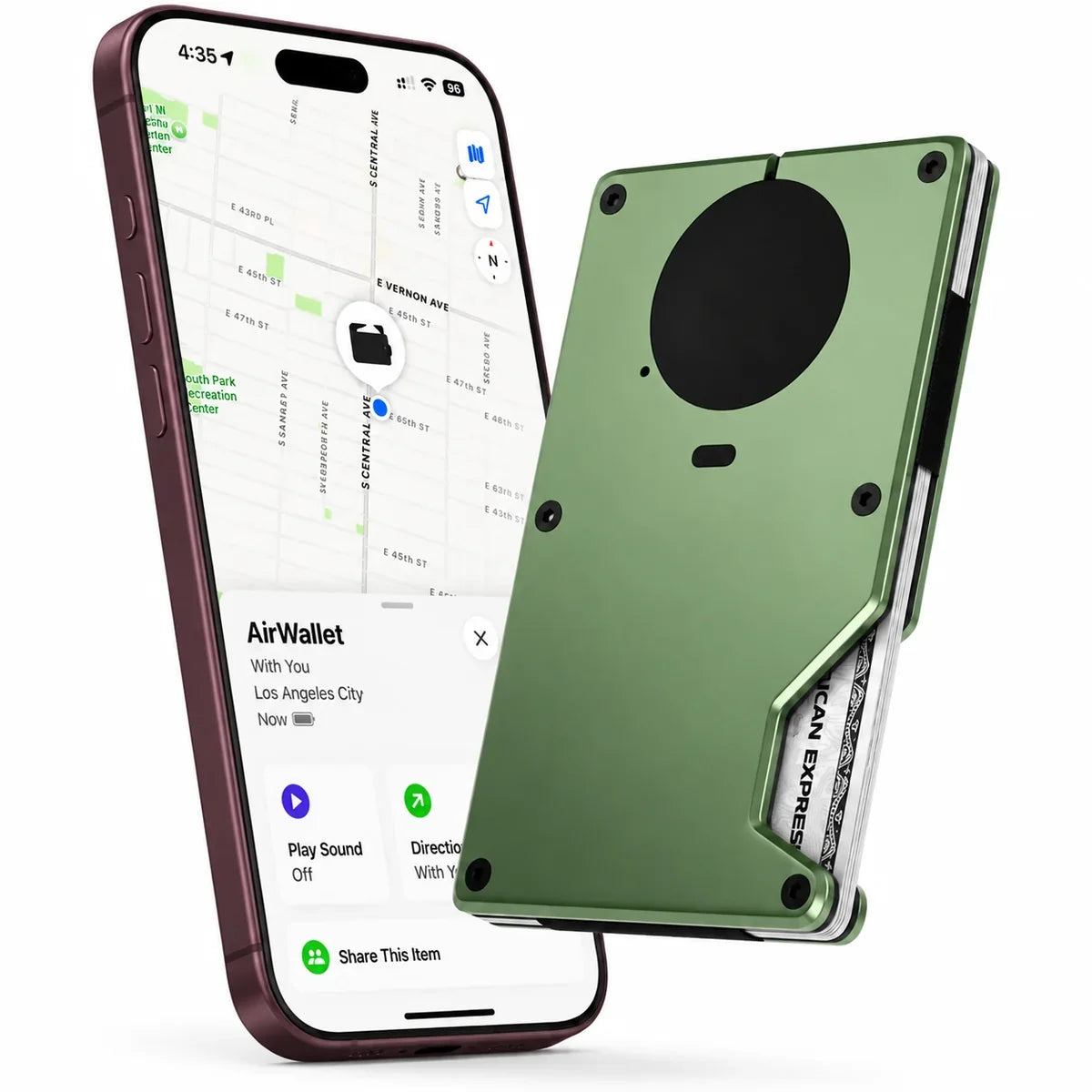 Arctic Green tracker wallet beside a Burgundy iPhone showing the wallet location in Find My. #color_Arctic Green