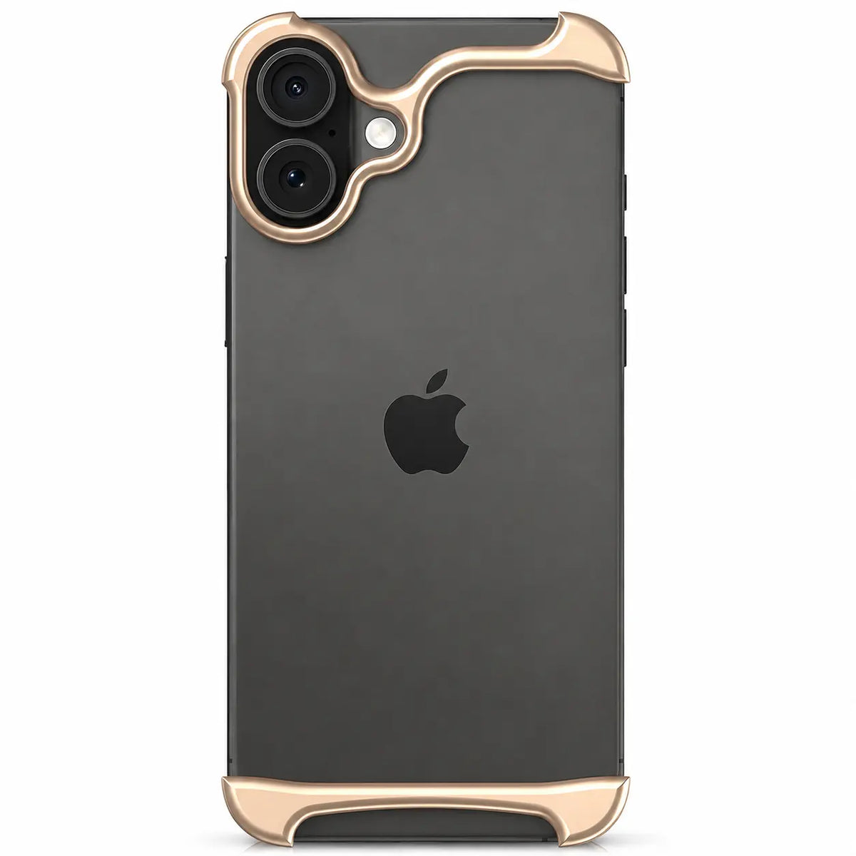 Champagne gold open back metal phone frame around a dark dual camera phone #color_Champagne Gold