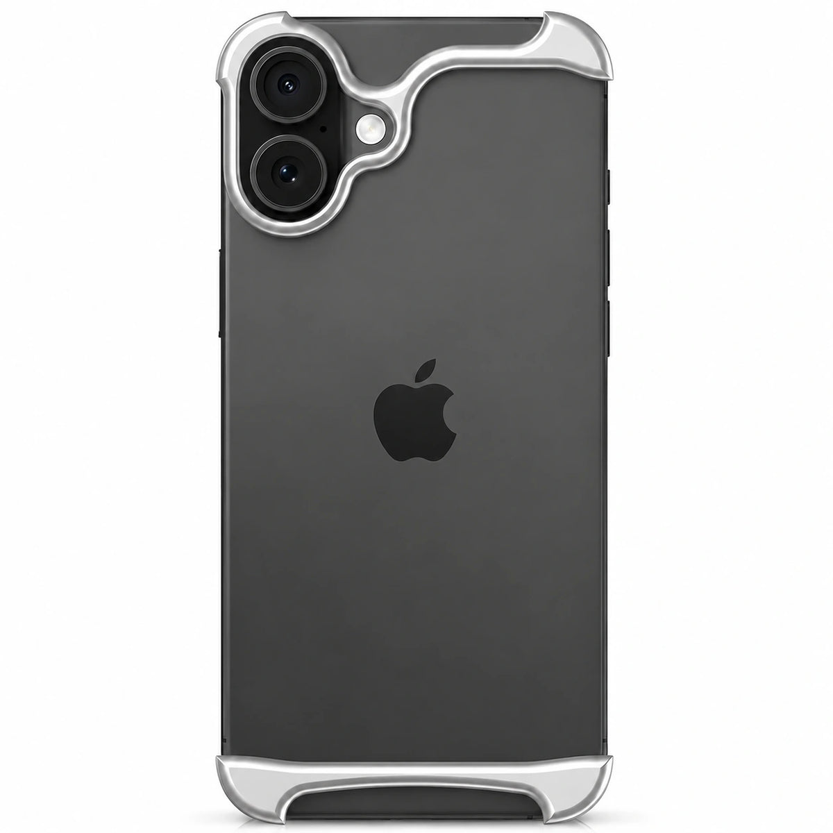 Titanium silver open back metal phone frame around a dark dual camera phone #color_Titanium Silver